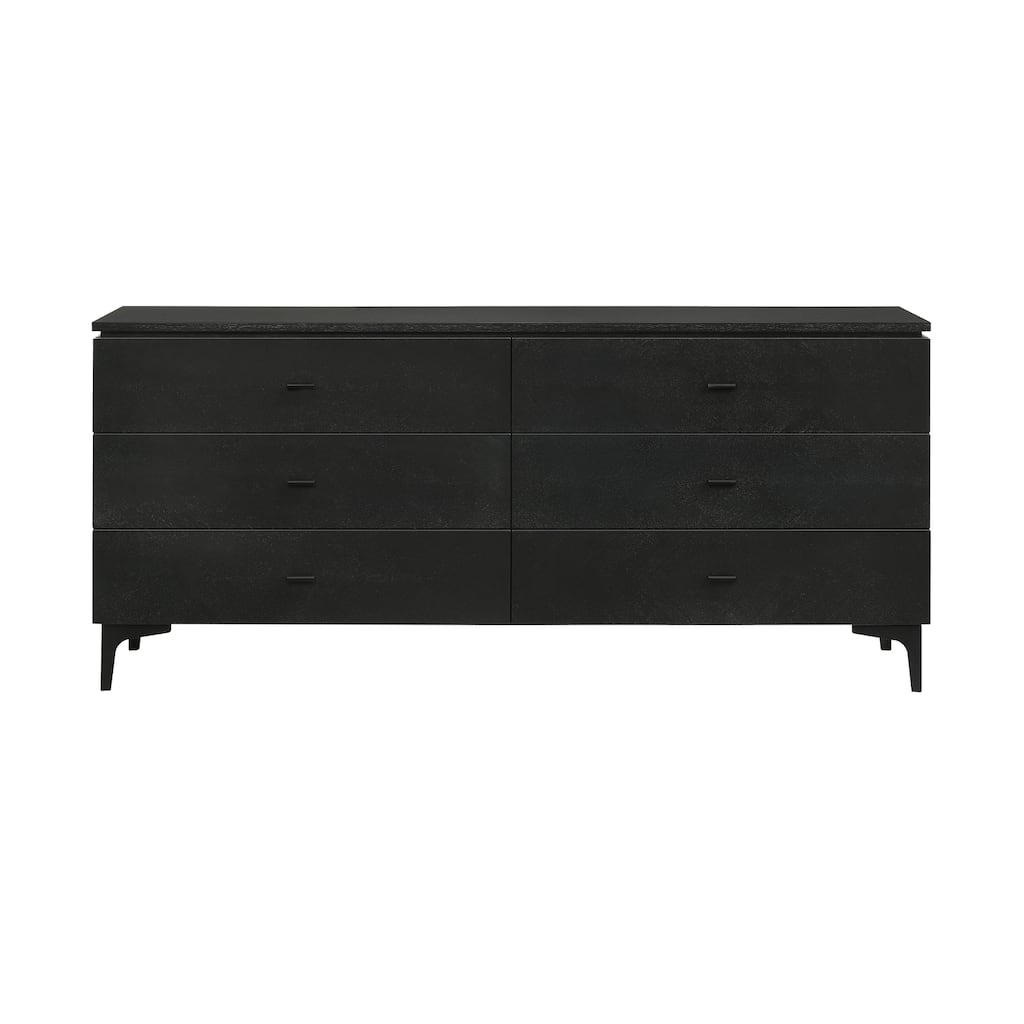 6 Drawer Dresser Black Glaze Ash Veneer Modern Bedroom Chest of Drawers Metal Legs 63" Wide
