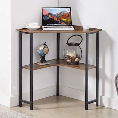 Space-Saving Corner Desk with Shelves, 2-Tier Triangle Storage Table for Small Spaces, Rustic Wood & Metal Frame