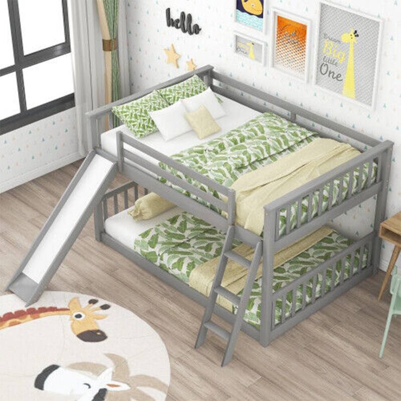 Twin Size Wood Bunk Bed with Slide Platform Bed Frame Bedroom Gray
