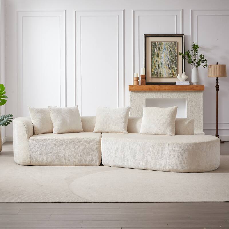 Curved Upholstered Loveseat Sofa Chenille Cloud Couch 4-Seater Chaise Lounge with 4 Throw Pillows for Living Room Recliner