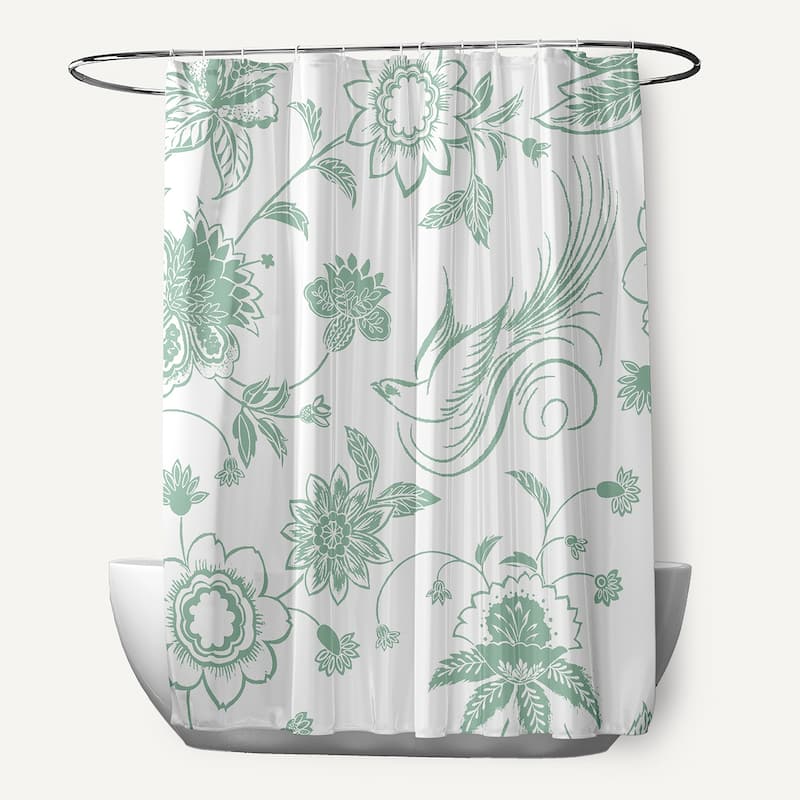 71 x 74-inch Traditional Bird Floral Print Shower Curtain - Green