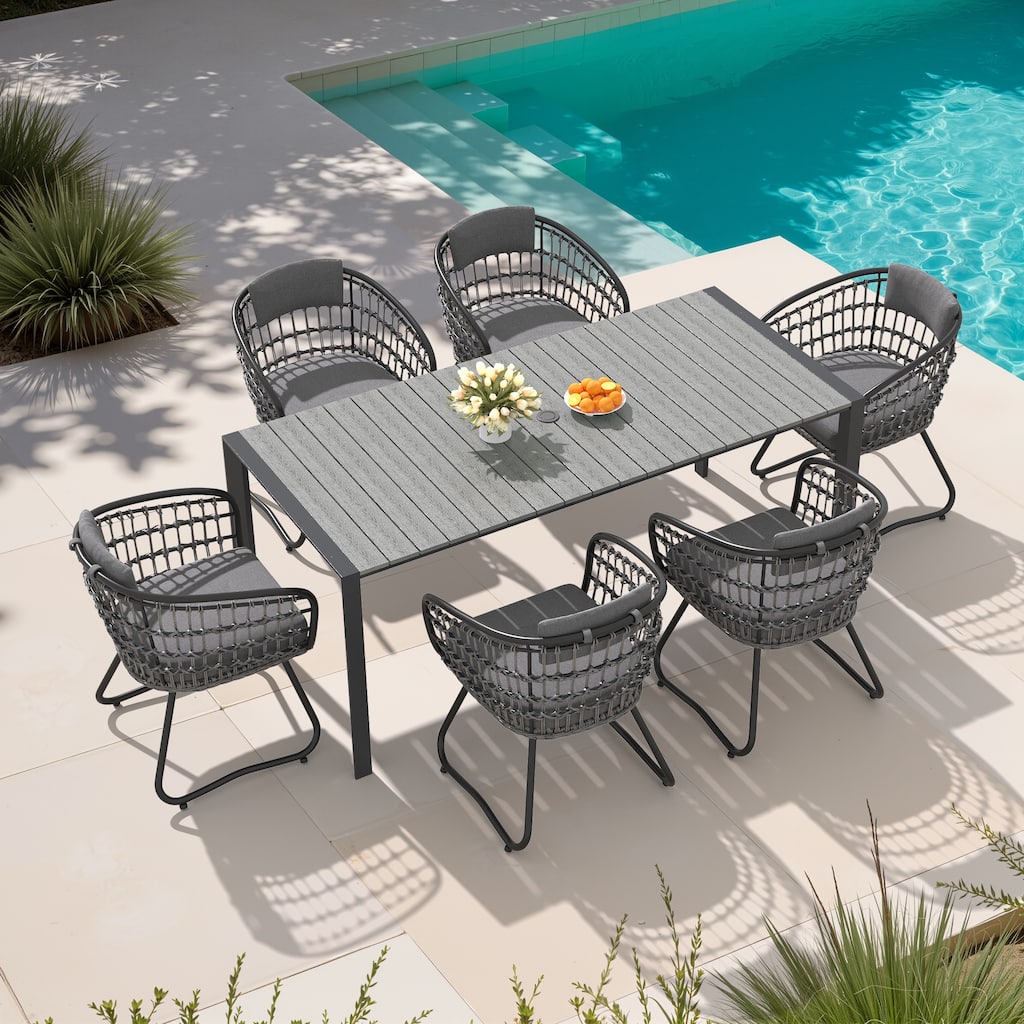 Outdoor Patio Dining Set Aluminum Table with Umbrella Hole with Rattan Chairs