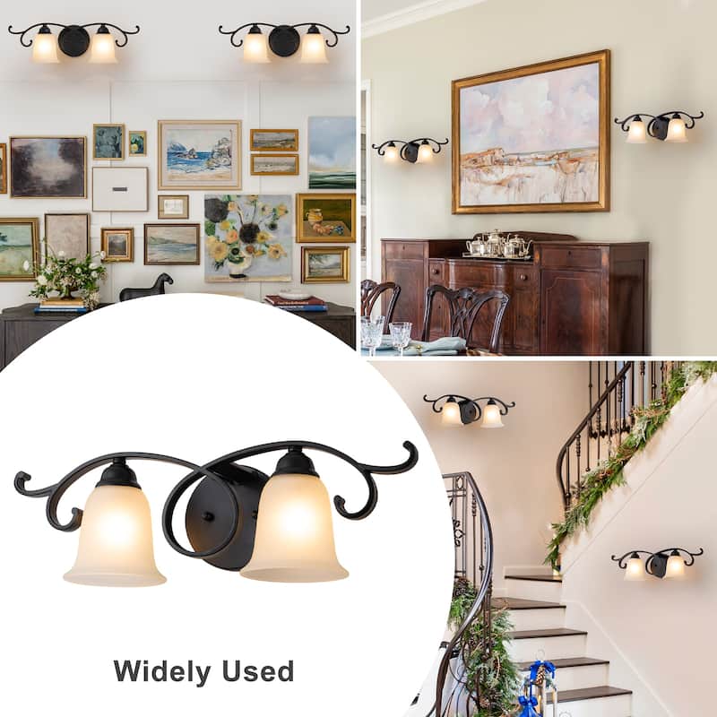 2-Light Black Scrollwork Metal Wall Sconce Frosted Bell Shade