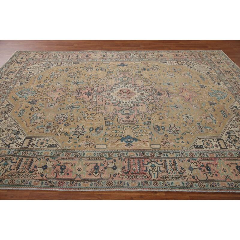 Hand Knotted Oriental 100% Wool Carpet Traditional Medallion Yellow & Gold Tabriz Area Rug - 9' 8'' X 6' 10''