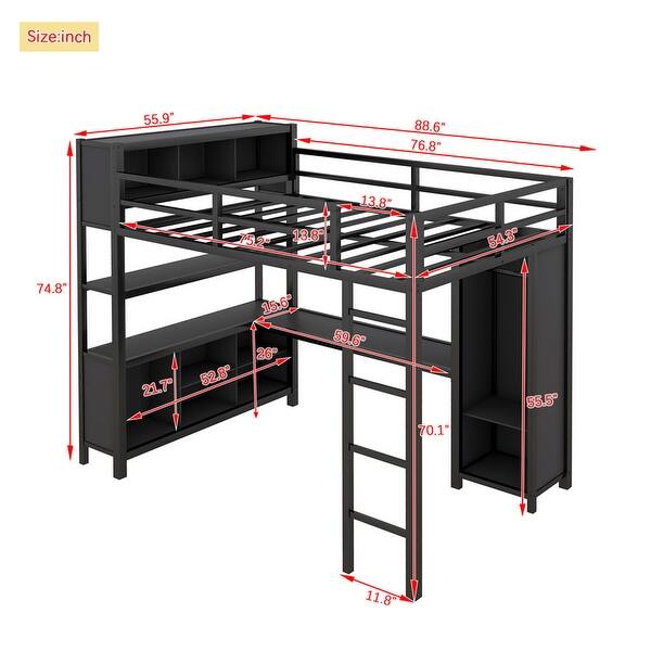 Full Size Loft Bed with Storage Cubes and Shelves,Metal Loft Bed with Wardrobe And L-shaped Desk