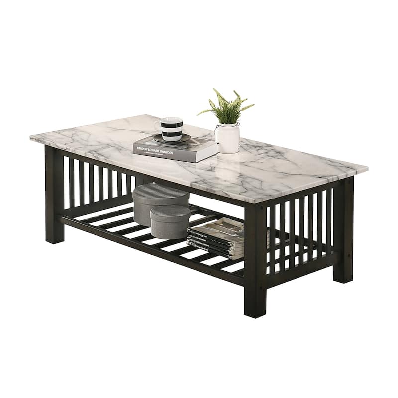 Faux Marble Top Coffee Table Black in Antique Walnut - Marble - Antique Walnut