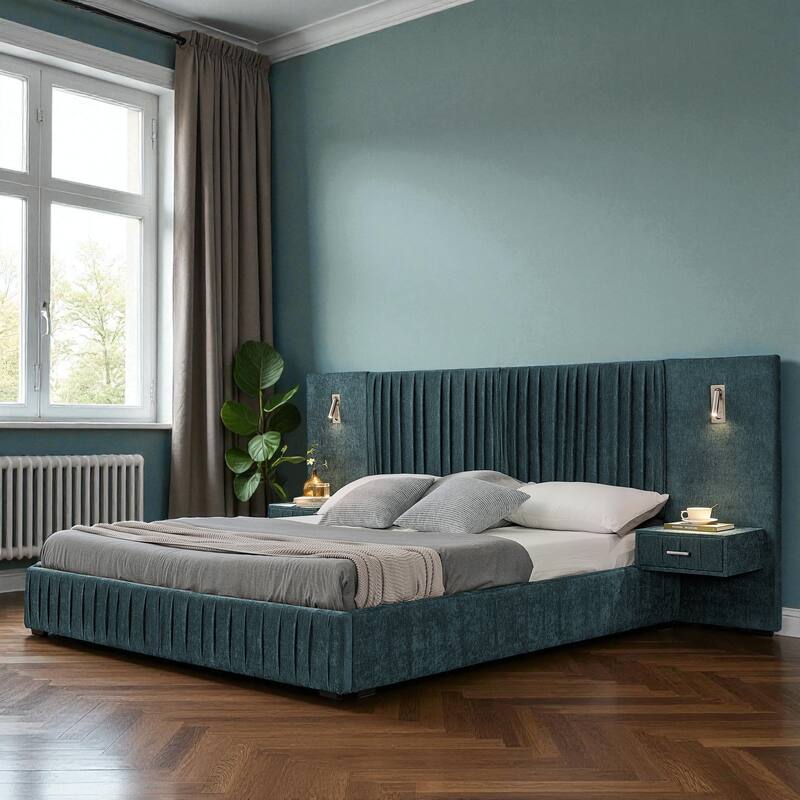 Queen Upholstered Platform Bed with Pleated Chenille Headboard, Built-in Bedside Table & Adjustable Lamps, No Box Spring