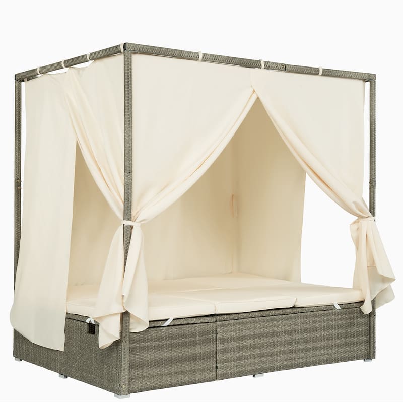 Outdoor Patio Rattan Canopy Daybed Sunbed with Curtain and Adjustable Seat