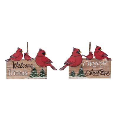Transpac Plywood Cardinal Hanging Sign Decor Set of 2 Christmas Home Decorations