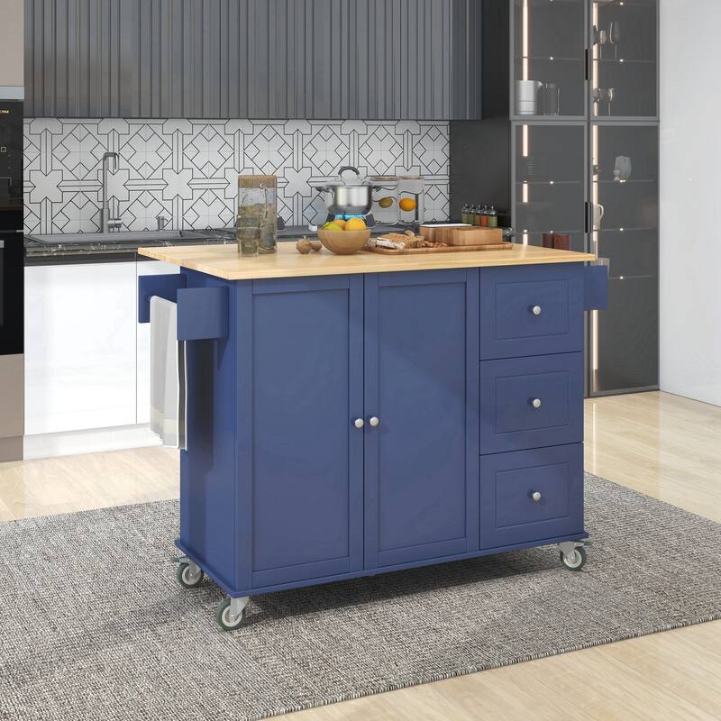 Rolling Mobile Kitchen Island with Drop Leaf - Solid Wood Top