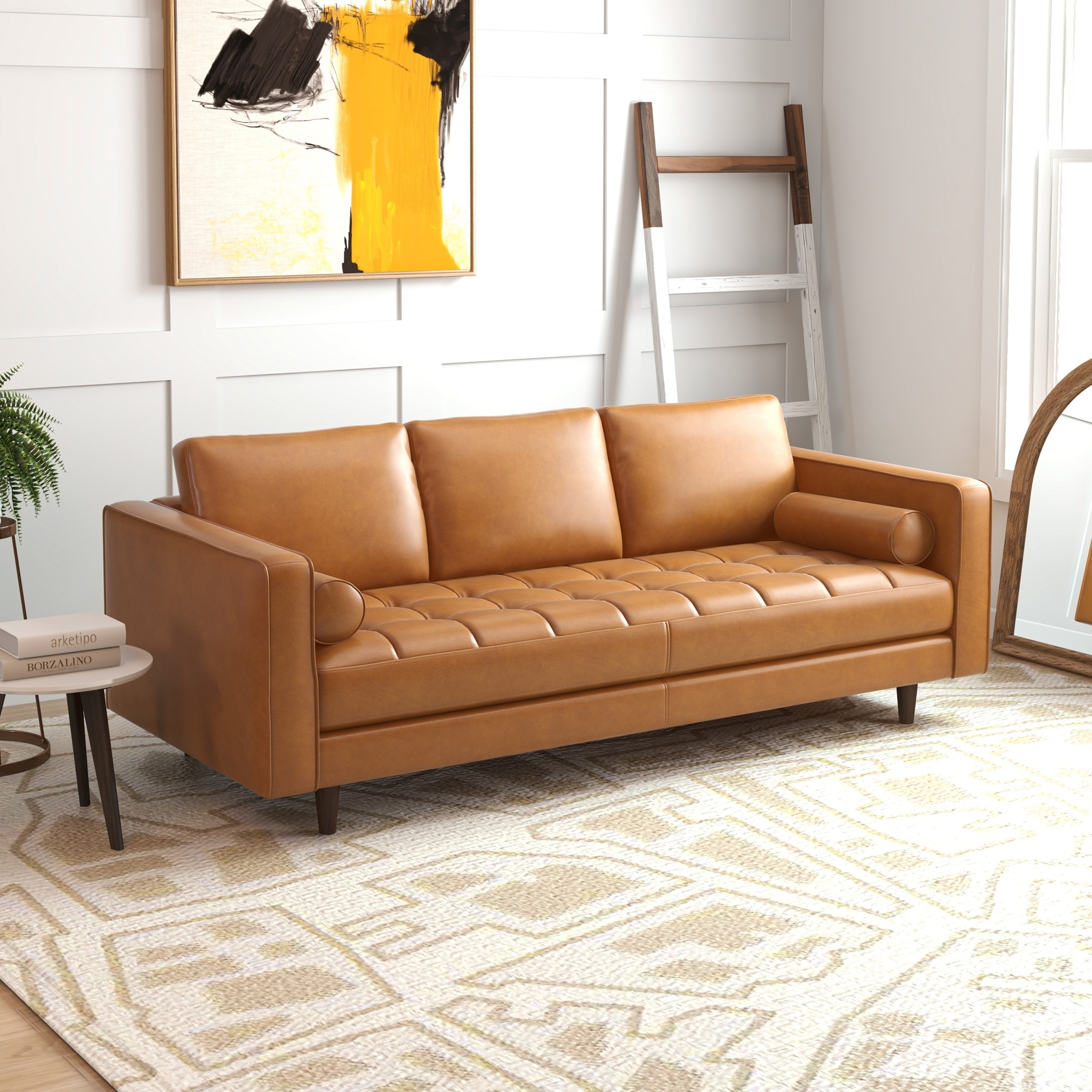 Thompson Mid Century Modern Pillow Back Genuine Leather Sofa