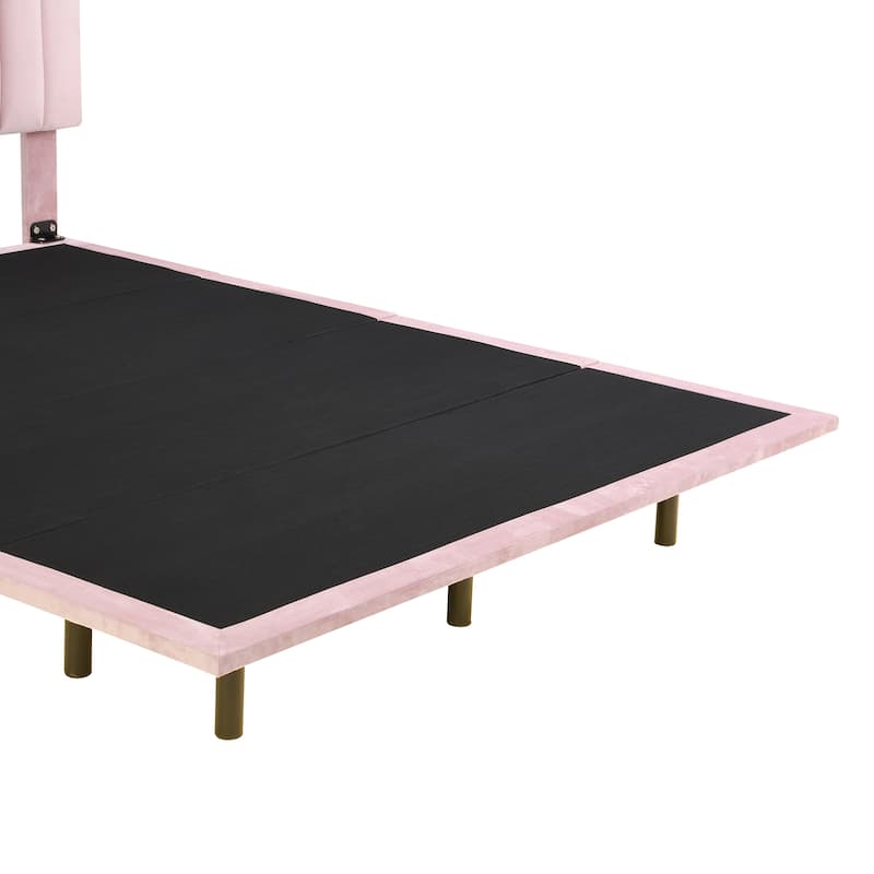 Pink Queen Platform Bed in Velvet Upholstered Finish with Sensor Light and Floating Headboard