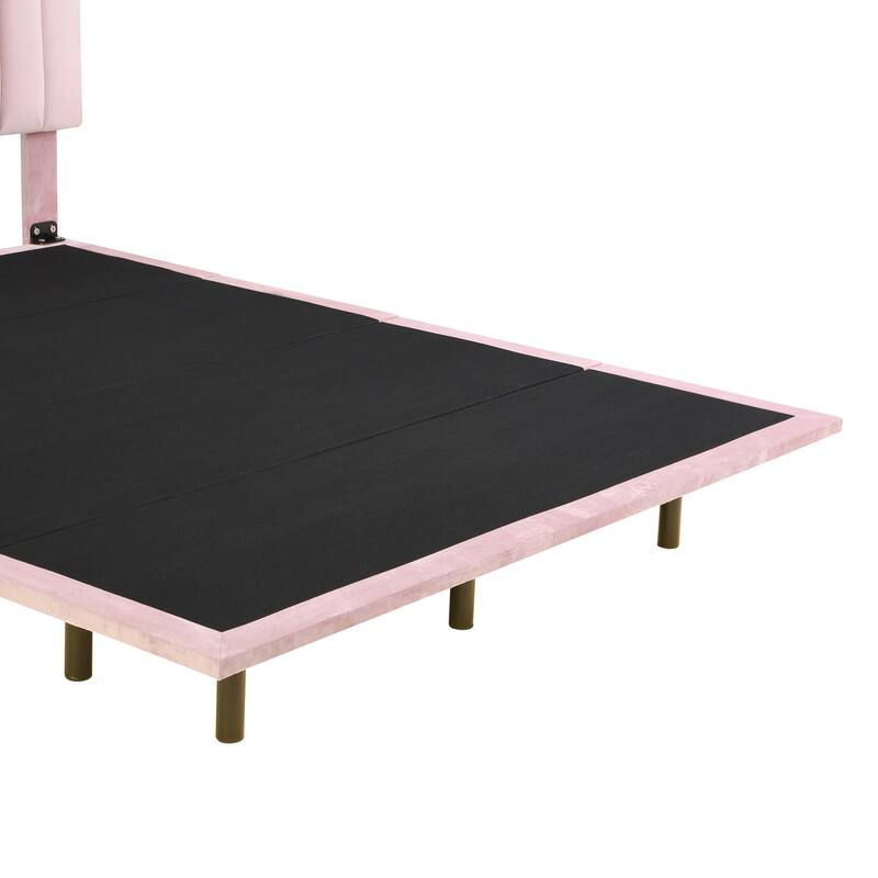 Pink Queen Velvet Upholstered Bed with Sensor Light, Floating Platform, and Headboard