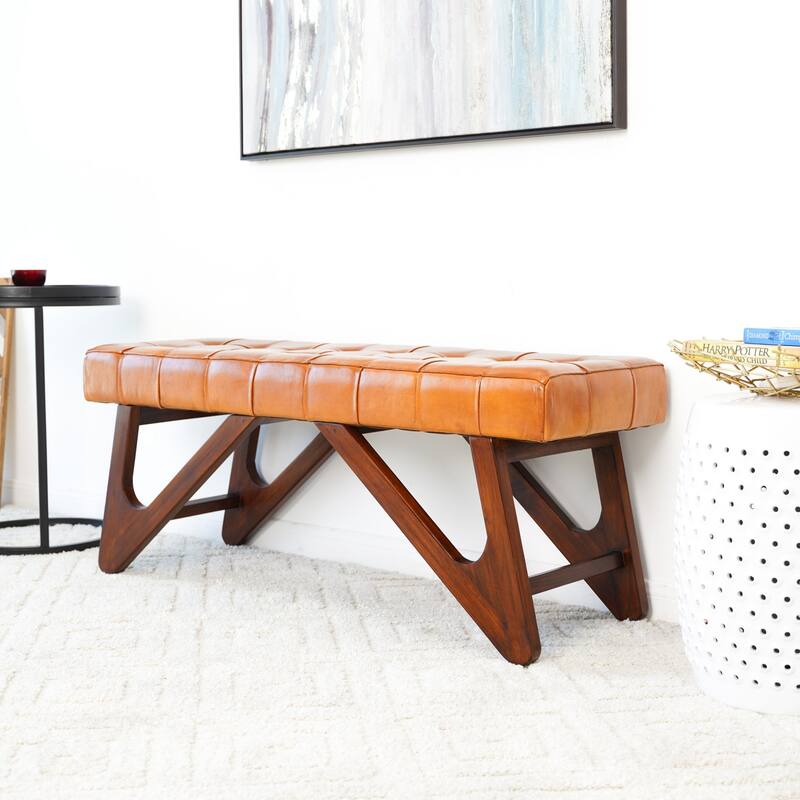 GDFStudio - Mia Modern Mid-Century 47" Genuine Leather Bench with Button Detail & Solid Wood Frame - 15.4"W
