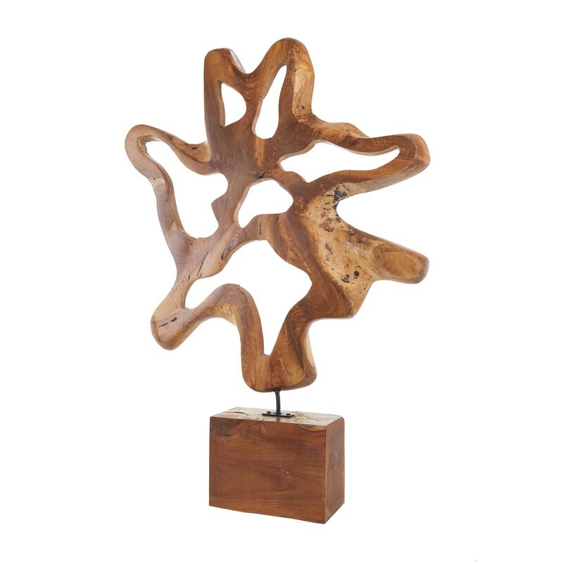 Brown Teak Wood Cutout Abstract Decorative Sculpture with Block Base