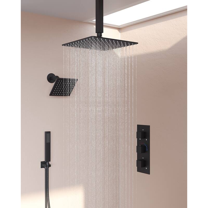 GRANDJOY 12" Ceiling-Mount Shower System Rainfall Shower Head with Anti-Scald Valve