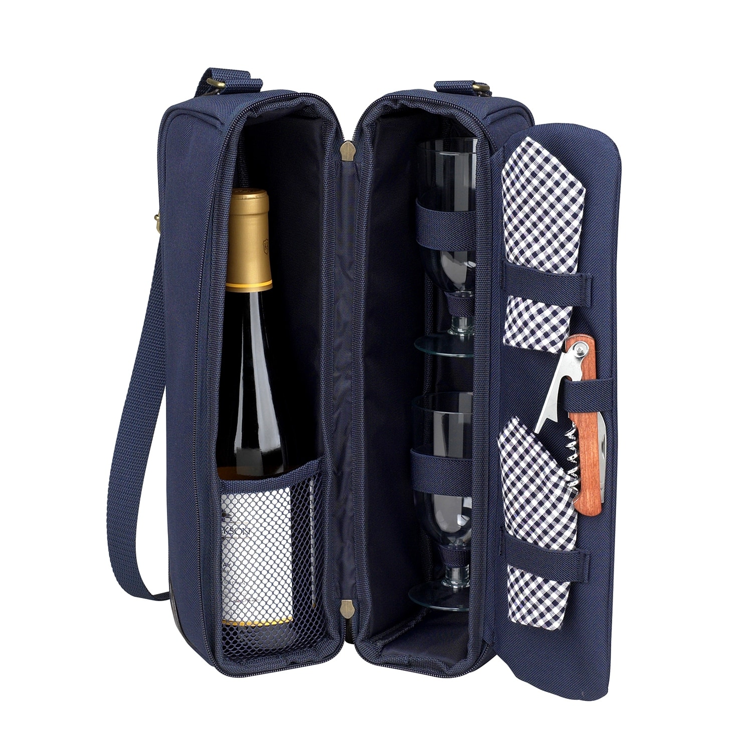 Picnic at Ascot - Insulated Wine Tote with 2 Wine Glasses, Napkins and Corkscrew - Blue