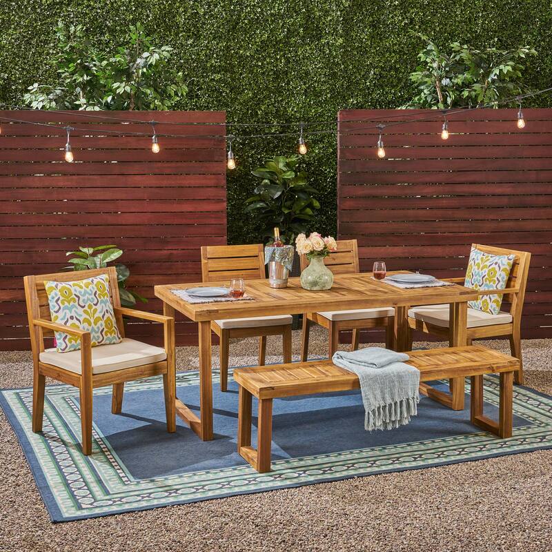 Nestor Outdoor 6-Seater Rectangle Acacia Wood Dining Set with Bench by Christopher Knight Home - Sandblasted Natural + Beige