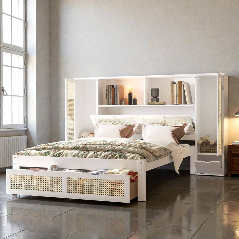 Twin Size Wooden Platform Bed with Rattan Headboard, Storage Lockers, Drawer and Shelf