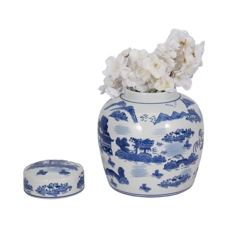 Sagebrook Home Stoneware Ceramic Chinoiserie Decorative Container with Lid
