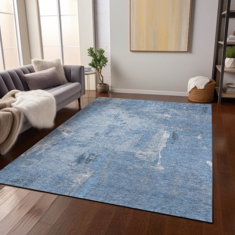 Machine Washable Indoor/ Outdoor Abstract Imprints Chantille Rug - Denim - 9' x 12'