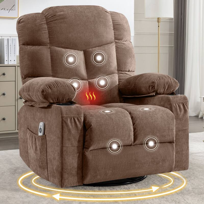 Oversized Massage Swivel Recliner with Heat USB Cup Holders for Adults