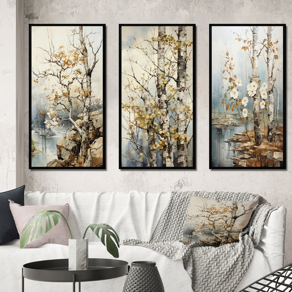 Designart "Beige Grey Tree Sycamore Symphony" Floral Framed Wall Art Set Of 3 Frame Canvas Set For Living Room Decor
