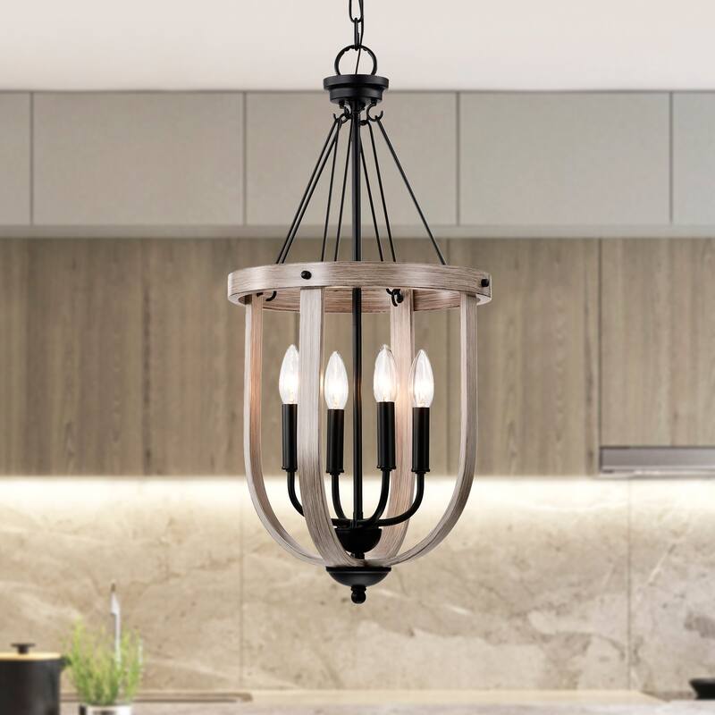 Giano 14 Inch Water Drop Shape Pendant with 4 Light - Matte Black and Wood grain