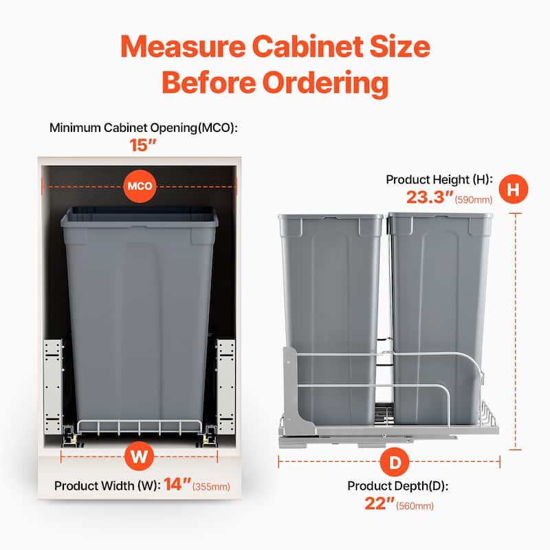 Under Cabinet Pullout Trash Bin with Soft Close System and Dual Bins
