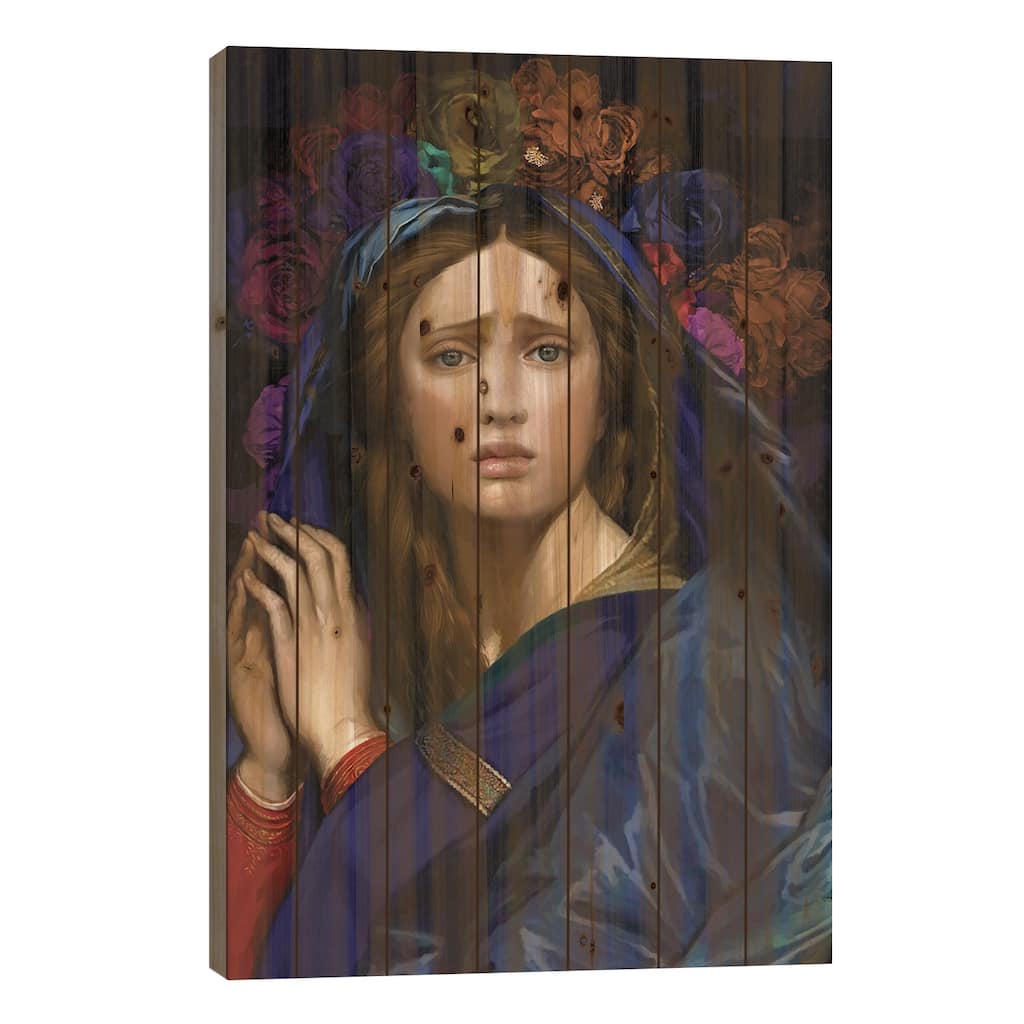Our Lady With Flowers On Her Head Print On Wood by Marcio Alek - Multi-Color