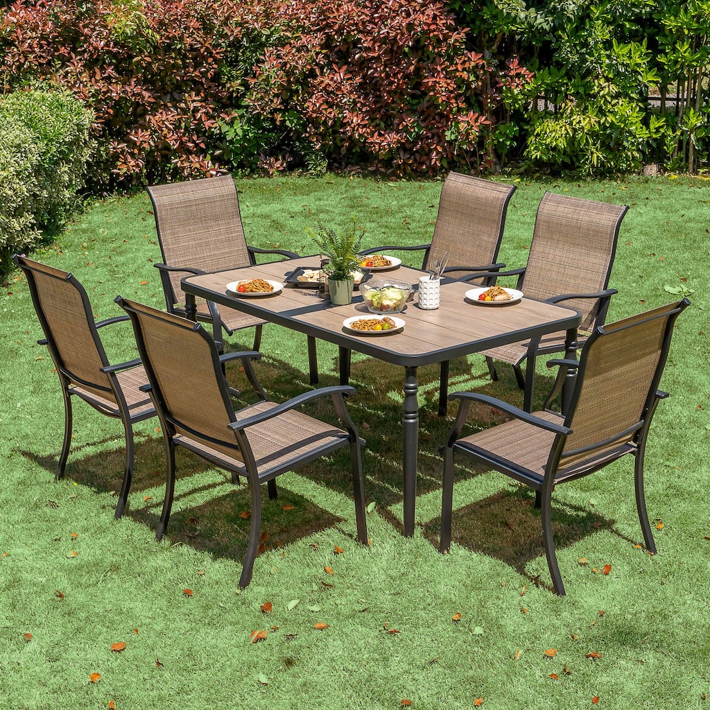 Patio Textilene Dining Set of 7 with Umbrella Hole, Wood-Grain Tableto