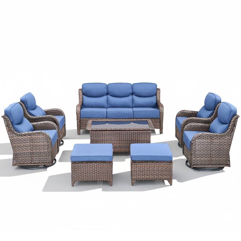 Arcadia 8-Piece Wicker Patio Conversation Set with Swivel Gliders and 6-Inch Thick Olefin Cushions