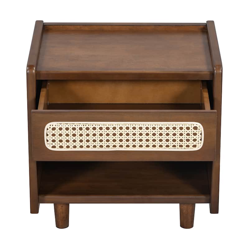 Christopher Knight Home - Zessia Retro 19" Wood Nightstand with Woven Drawer and Open Shelf