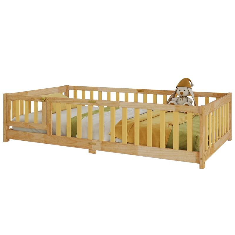 Twin Size Natural Rubber Wood Floor Bed with Safety Fence and Door