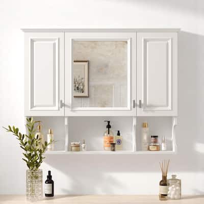 Modern 35" Bathroom Wall Cabinet with Mirror, Triple Doors, Adjustable Storage and Open Display Shelves