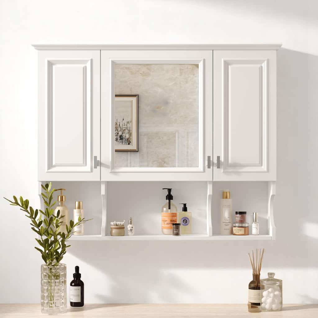 Modern 35" Bathroom Wall Cabinet with Mirror, Triple Doors, Adjustable Storage and Open Display Shelves