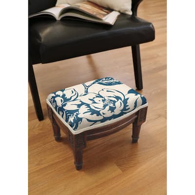 Navy Blue Magnolia Footstool with wood stained finish