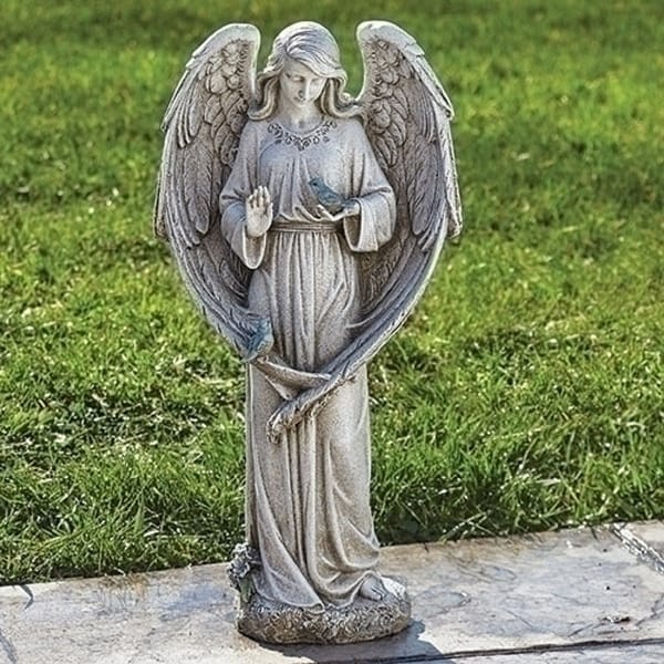 20” Outdoor Garden Statue Angel with Two Birds - N/A