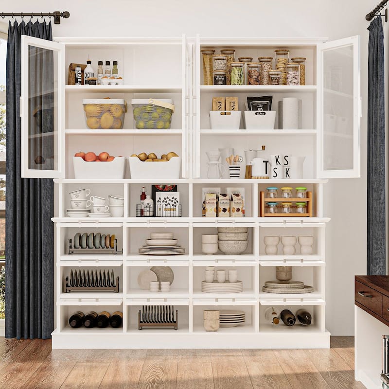 Large Kitchen Pantry Cabinet with Glass Doors and Bottom-Pull Drawers