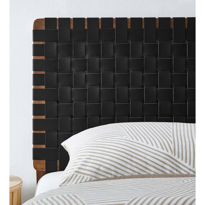Ditmas Solid Wooden Black Leather Basket Weaved Twin Size Headboard