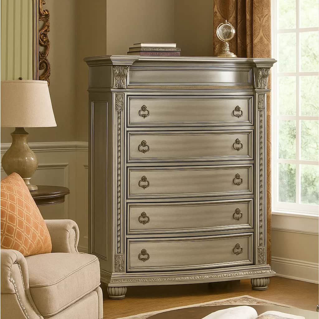 Caitlin 58 Inch Tall Dresser Chest, Marble Top, Leaf Carving, Silver Wood