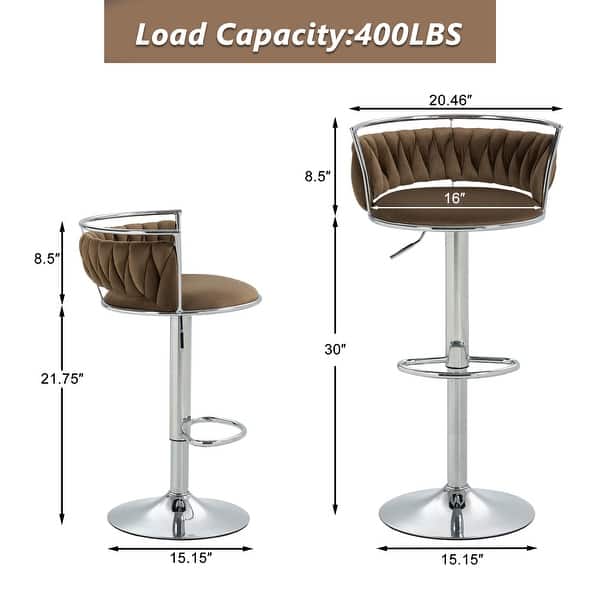 dimension image slide 6 of 24, Modern Velvet Adjustable Swivel Bar Stools Set of 2