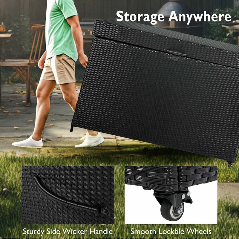 230 Gallon Wicker Deck Box Outdoor Storage with Wheels and Lockable Lid