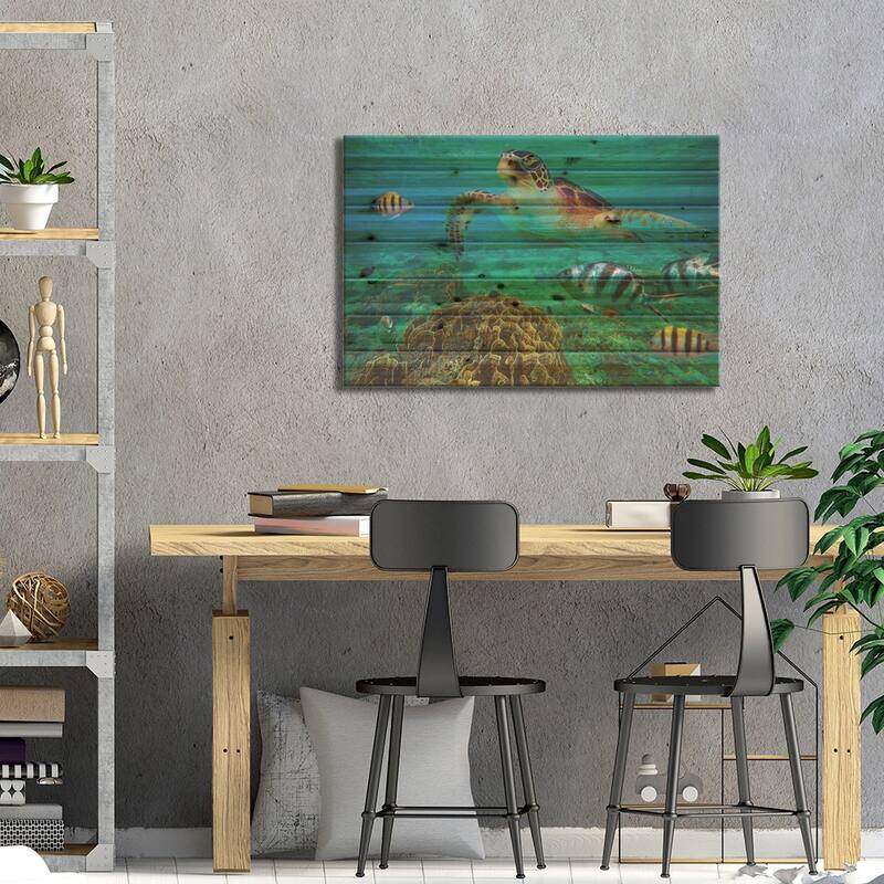 Green Sea Turtle And Sergeant Major Damselfish Group, Negros Oriental, Philippines Print On Wood by Tim Fitzharris - Multi-Color