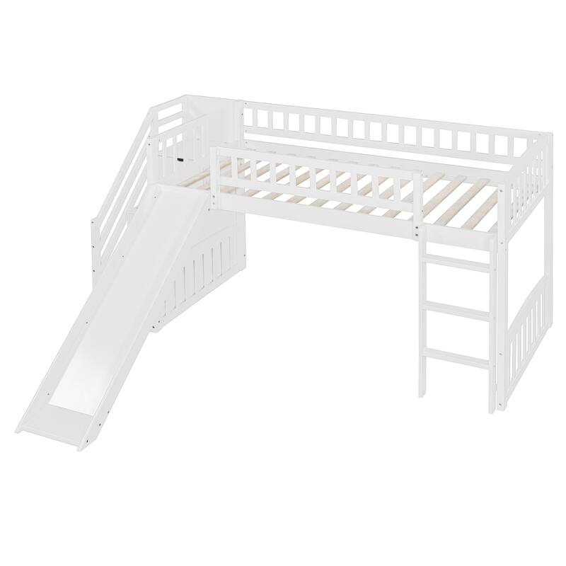Stairway Twin Size Loft Bed with Two Drawers and Slide, Solid Wood Frame, Convertible Ladder, and Storage Space