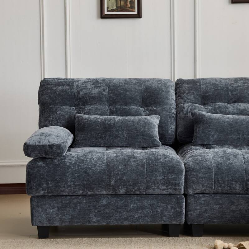 119" Chenille Sectional Sofa with 2 Ottomans and 4 Pillows, Adjustable Backrests