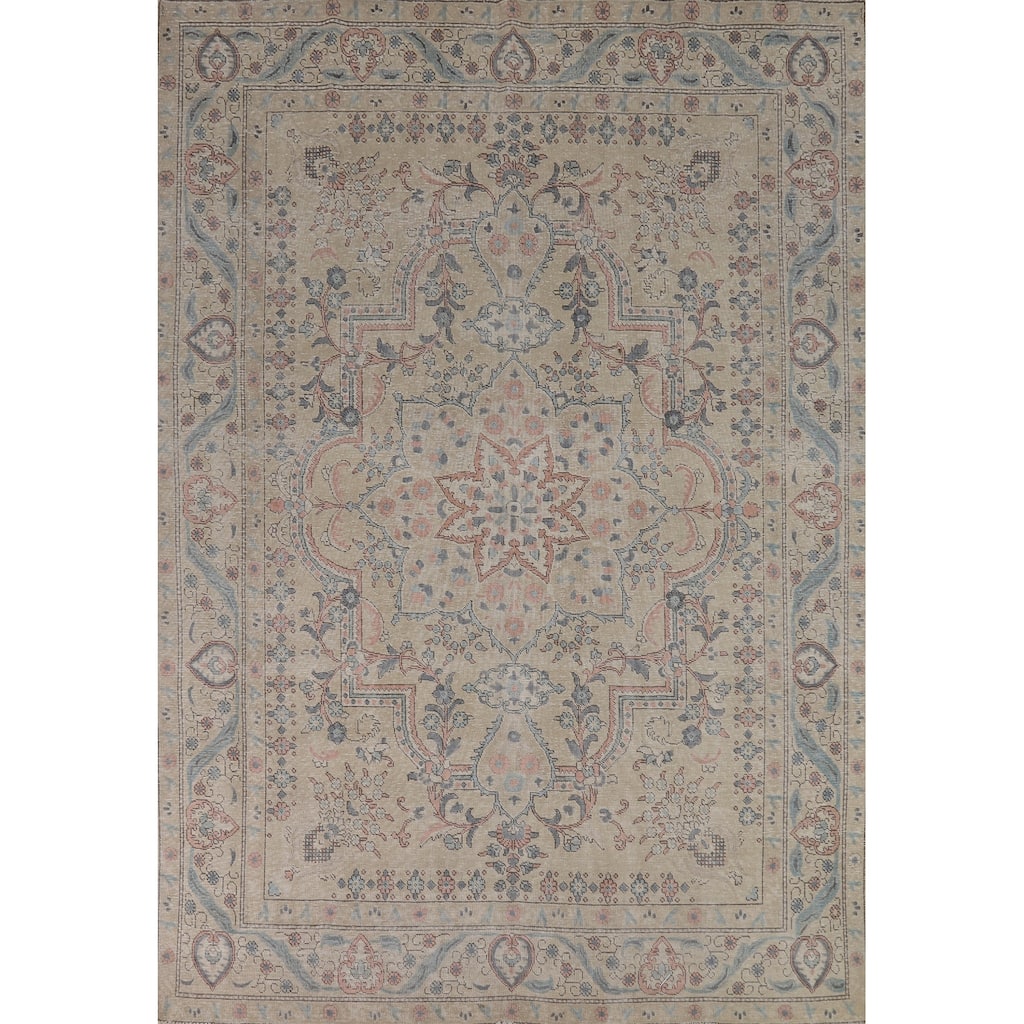 Tabriz Persian Area Rug Handmade Traditional Beige Floral Wool Carpet - 8'0"x 10'11"