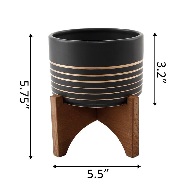 4.75" Gold Line Ceramic Planter on Wood Stand