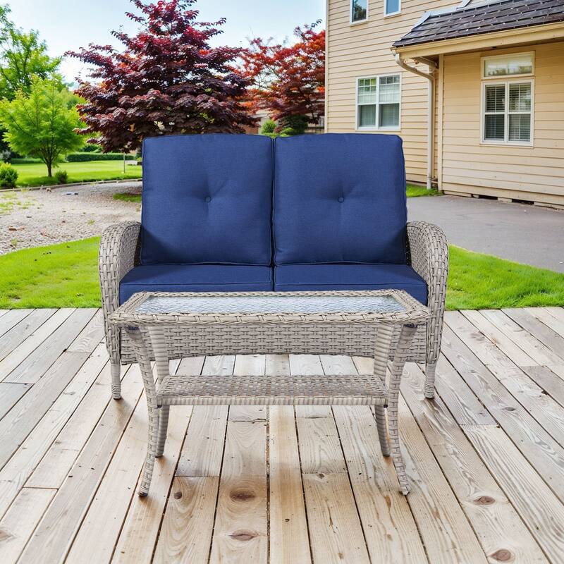 Outdoor Loveseat Sofa with Table Grey- Blue - Light Grey - Light Grey - Blue
