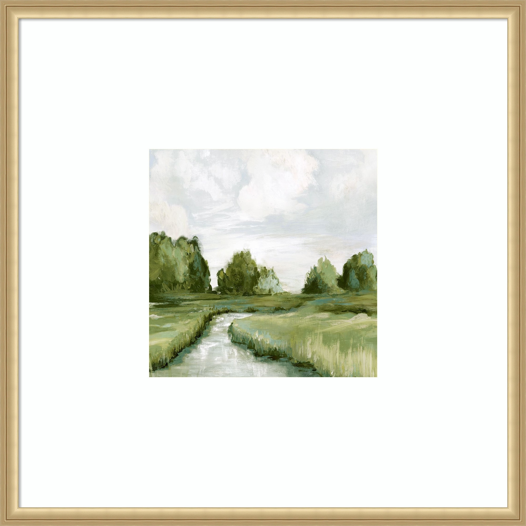 Tranquil Stream In Green Fields by PI Studio Wood Framed Wall Art Print